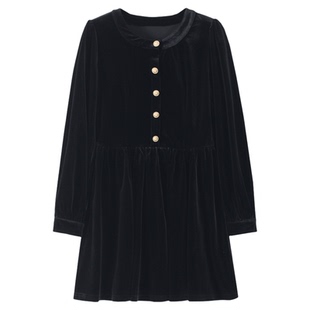 弥古黑色长袖丝绒连衣裙女春季修身小个子赫本风法式打底内搭短裙