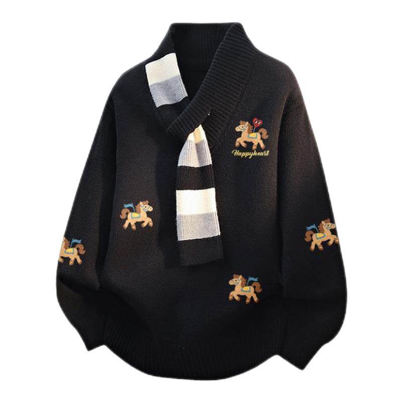 创宙 查尔斯桃心马年红色毛衣男女冬季新款2026情侣围巾领印花针织衫潮