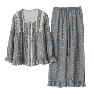 2026法式方领蕾丝睡衣女生纯棉纱收口长袖长裤复古碎花家居服薄款