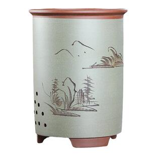 宜兴精品紫砂兰花盆陶瓷刻绘惠春建墨兰专用盆带侧孔托盘清仓特价