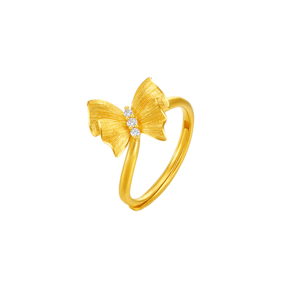 明牌珠宝蝶舞翩翩黄金戒指 足金锆石镶嵌闪亮蝴蝶指环AFM0415
