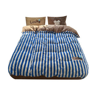 luck熊｜ins蓝白条纹加厚兔毛绒四件套1.8床笠法莱牛奶绒冬天保暖