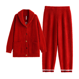 悦内半边绒睡衣女款冬季珊瑚绒保暖毛绒绒家居服红色本命年圣诞节