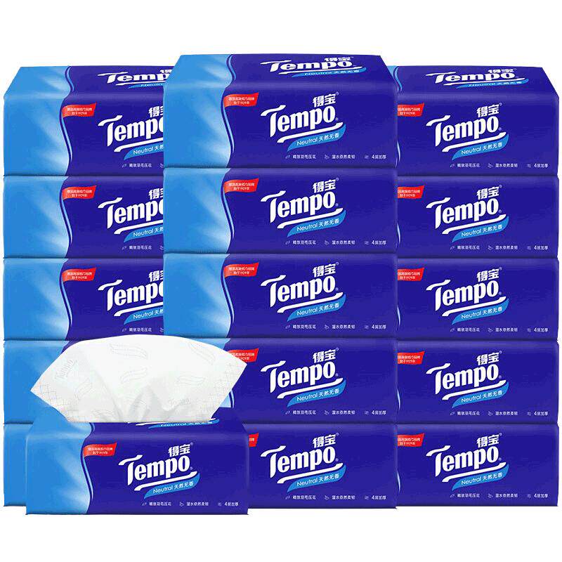 Tempo得宝抽纸16大包4层加厚德保纸巾实惠餐巾纸家庭装抽取式面纸