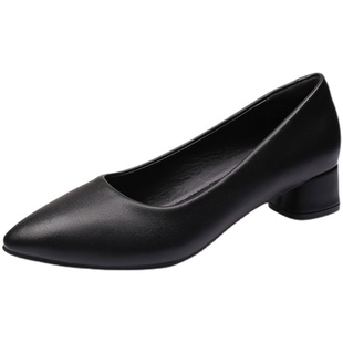 工作鞋女黑色软底尖头粗中跟工鞋职业皮鞋面试空姐鞋舒适防滑酒店