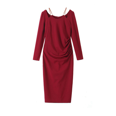 大码法式红色过年链条礼服连衣裙