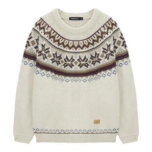 Unvesno (UN)易烊千玺同款费尔岛复古提花保暖加厚圆领针织衫毛衣