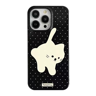 Full-Screen Polka Dot White Cat Large Camera Cutouts 适用 iPhone 15/14/13/12 - Soft Protective Cover