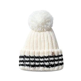 ROUIIEFAO韩系条纹毛球针织帽子女冬季保暖护耳毛线帽大头围冷帽