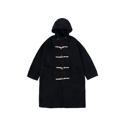 中长款连帽牛角扣毛呢大衣外套