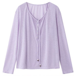 RUISHI芮时“雾屿轻简”亚麻混纺针织亨利领抽绳宽松长袖T恤女夏