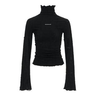 MAMC破坏高领长袖t恤2024新款女休闲黑色长袖打底衫高级修身上衣