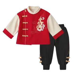 男童红色唐装加绒套装春秋薄绒新款新中式周岁礼服小男孩国风衣服