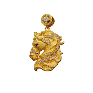 9999足银生肖马吊坠描金錾刻赤拉丝骥马牌男女本命年项链纯银挂坠