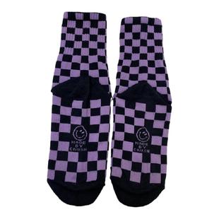 现货韩国女袜子东大门新款网红拼色棋盘格袜底笑脸束腰运动中筒袜