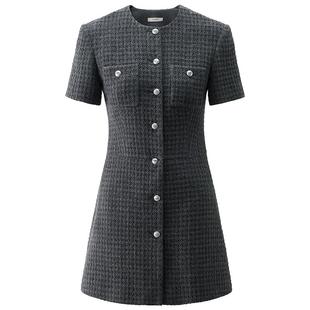 【季末折扣】欧时力 澳毛粗花呢小香风A字连衣裙短款复古夏季新品