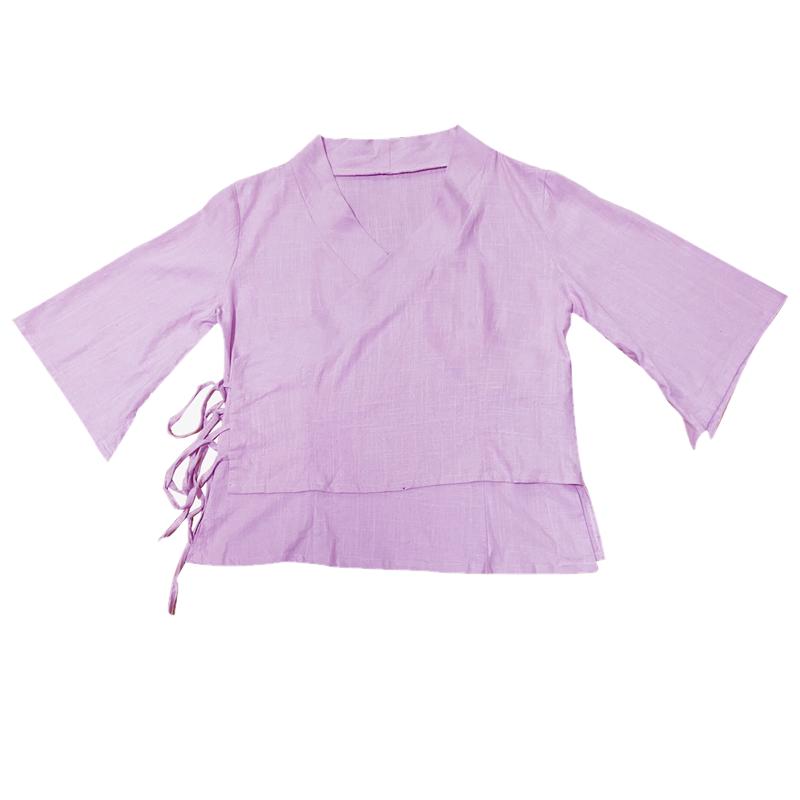 五分喇叭袖汉服茶服复古v领米白色浅紫色夏季纯色短款棉麻衬衫包