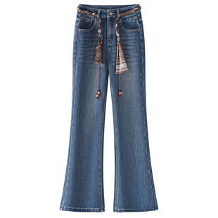 春秋冬季加绒牛仔微喇长裤子女新款高腰休闲显瘦时尚百搭喇叭九分