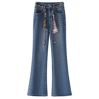 春秋冬季加绒牛仔微喇长裤子女