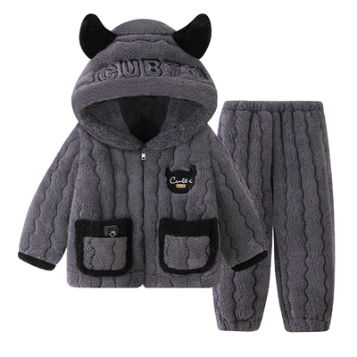 卡通加厚三层夹棉儿童睡衣男童冬季保暖珊瑚青少年亲子家居服套装