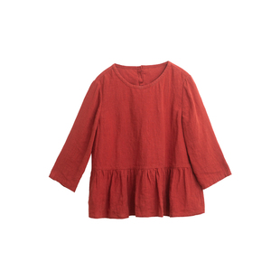 忘城A991座/榴花满树红/夏季21支砂洗亚麻圆领宽松小衫七分袖上衣