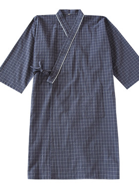 简约格子中长款纱布大码和服睡衣