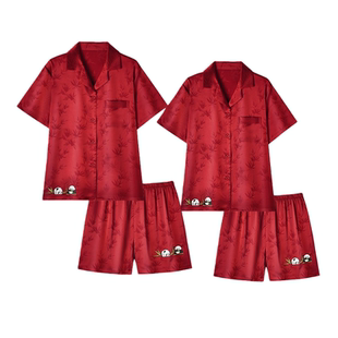 猫人冰丝睡衣结婚新婚情侣套装宽松薄款红色国风男士家居服礼盒装