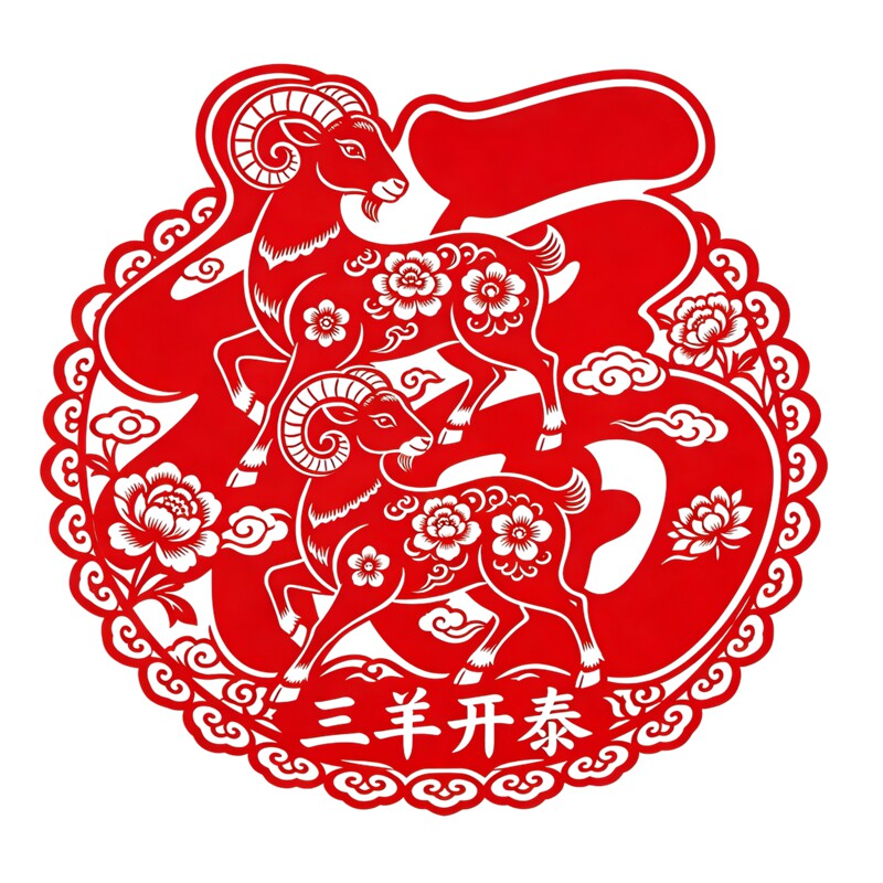 三羊开泰圆形窗花传统红色剪纸纹样牡丹祥云生肖羊新年装饰贴纸画