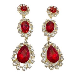 法式复古圣诞节红色水滴钻石耳环女港风气质长款耳钉耳坠旗袍配饰