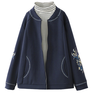 冬季大码200斤加绒加厚卫衣外套女胖mm文艺刺绣拉链棒球服上衣潮