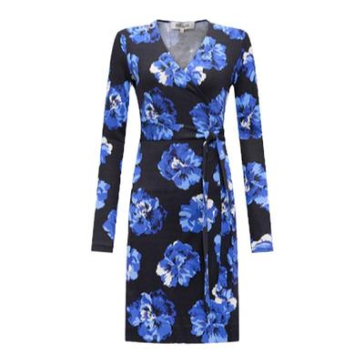 DVF蓝色蝴蝶花图案V领裹身连衣裙