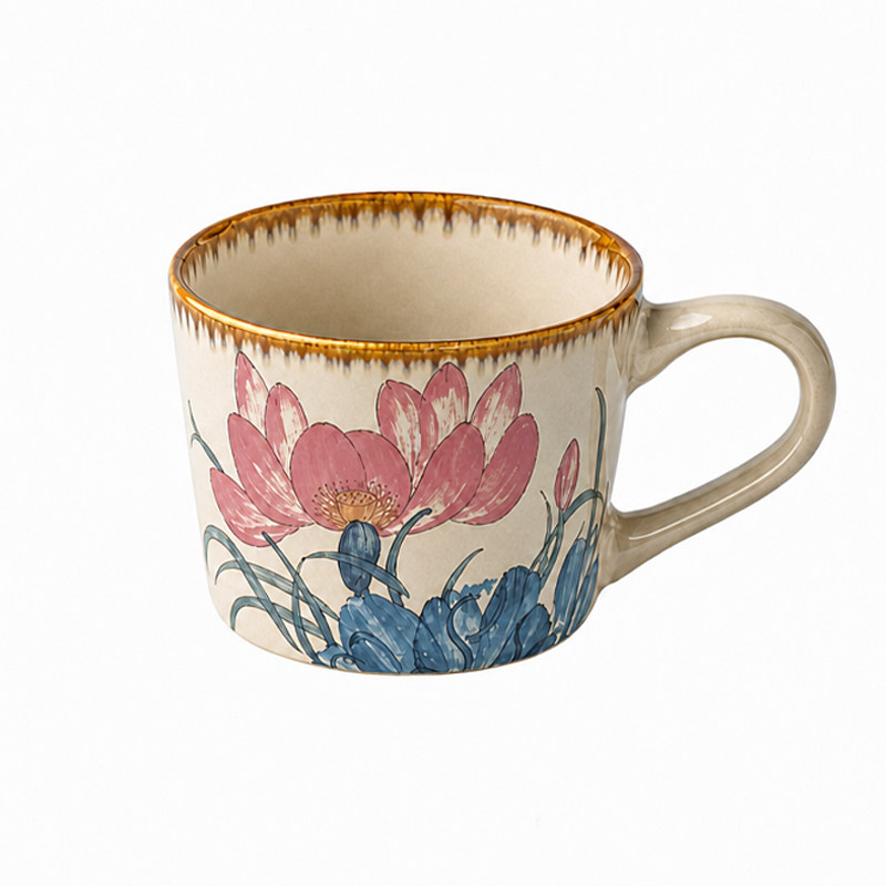 【秒杀立减】复古荷花陶瓷咖啡杯