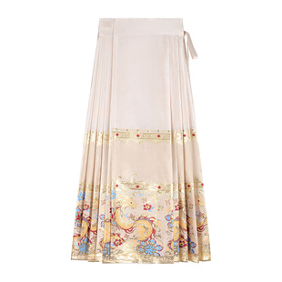 固执秋季新款中国风一片式a字高腰织金百褶绑带改良马面裙女