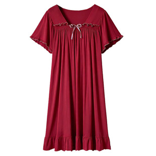 长款红色睡裙200斤中年妈妈夏季薄款莫代尔睡衣大码连衣裙家居裙