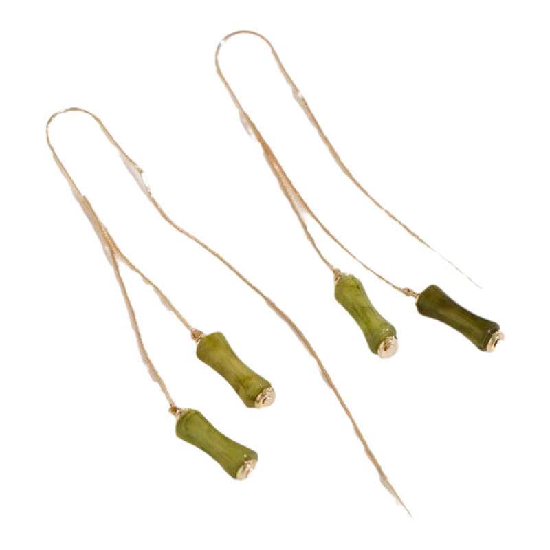 2025新款绿色竹节耳线耳环防丢设计感网红百搭耳饰民族风流苏耳坠