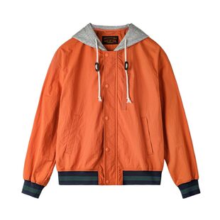 马登工装美式复古拼接撞色连帽夹克短薄款开衫橙色休闲外套男春季