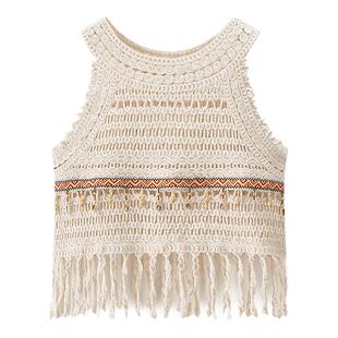 拉夏贝尔/La Chapelle民族风镂空无袖吊带背心女夏季外穿流苏上衣