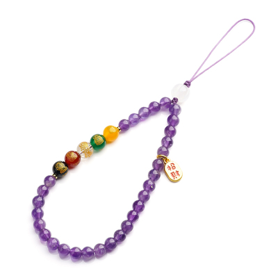 天然紫水晶手机链五路财神挂饰新