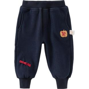 戴维贝拉儿童加绒裤子2026冬装女童男童新年国风仿牛仔不倒绒长裤