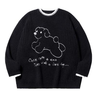 PSO Brand男装女装腈纶混纺纱撞色刺绣小狗黑色圆领毛衣秋冬加厚