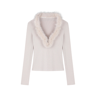 F PROJECT【奶fu甜布利】毛毛V领长袖上衣修身内搭打底衫辣妹T恤