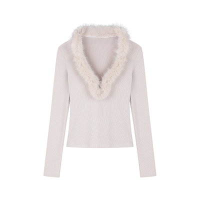 F PROJECT【奶fu甜布利】毛毛V领长袖上衣修身内搭打底衫辣妹T恤