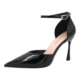 2025年夏新款百搭中空职业高跟鞋女细跟尖头黑色工作性感包头凉鞋