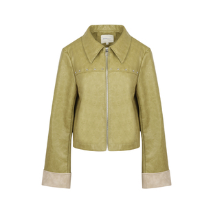 BLUEerror 拼色铆钉短款绿色皮衣外套女宽松小羊皮质感皮夹克秋季