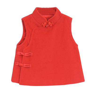 jojo童装女童冬季斜襟马夹国风盘扣百搭呢料马夹中国娃娃年味马夹