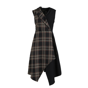 莱芙艾迪儿女士无袖长裙时尚气质格纹不对称春春季新款品牌连衣裙