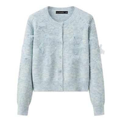 拉夏贝尔/La Chapelle小香风立体蝴蝶结针织衫秋季甜美圆领毛衣女