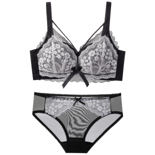 蕾丝内衣女款小胸聚拢收副乳防下垂黑色性感文胸套装2025新款爆款