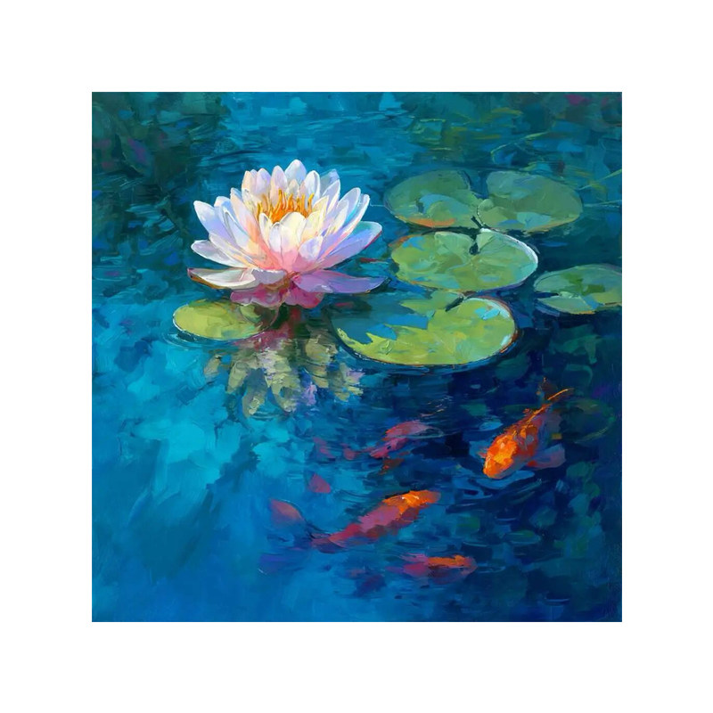 可班手绘油画荷塘游鱼画民宿挂画