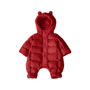婴儿过年衣服冬季宝宝连体衣红色羽绒服冬装小月龄外出拜年爬爬服